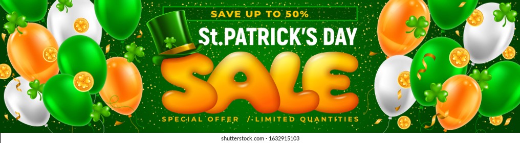 Bright and attractive festive advertising banner for Saint Patrick's Day Sale with balloons in traditional colors, Leprechauns green top hat, golden coins and shamrock leaves. Vector illustration.