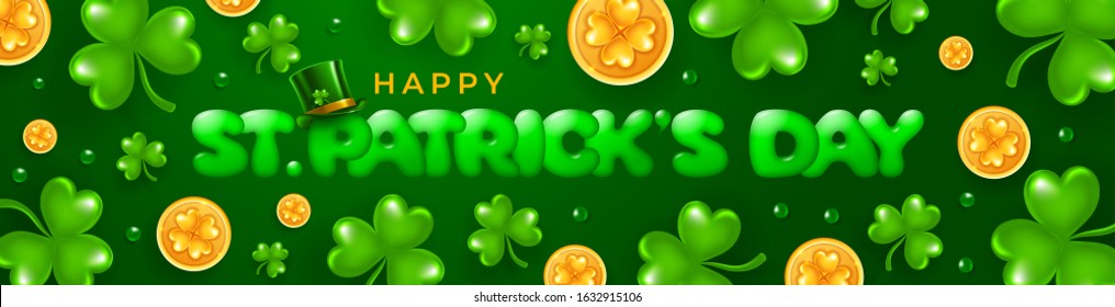 Bright and attractive festive banner for Saint Patrick's Day with several objects related this event, such as Leprechauns green top hat, golden coins and shamrock leaves. Vector illustration.