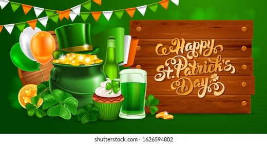 Diseño festivo luminoso y atractivo para el Día de Saint Patricks con varios objetos relacionados con este evento, tales como tazas de cerveza, olla llena de monedas de oro, sombrero de top verde y shamrock. Ilustración vectorial.