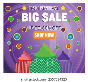 Bright and attractive Holi festival sale banner showing discount offers. Perfect for promoting festive offers with a happy and celebratory theme. Flat vector modern illustration