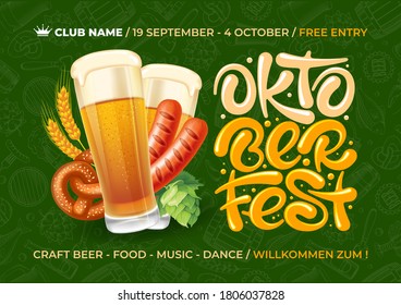 Heller und attraktiver Oktoberfest-Fest-Flyer mit realistischen Objekten und Schriften. Nahtlose Muster mit verschiedenen Themen rund um das Bierfestival auf dem Hintergrund. Vektorgrafik.