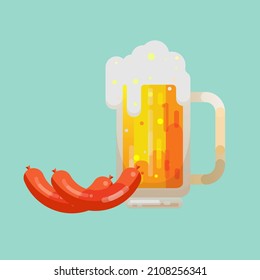 Bright and attractive Oktoberfest celebration icon. Beer and sausages. Vector illustration.Oktoberfest vector elements in blue backgraund.