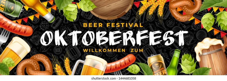 Bright and attractive Oktoberfest festive banner with different objects related with beer festival. Hand drawn doodle pattern on background. Vector illustration.