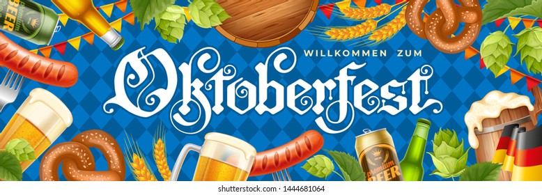 Bright and attractive Oktoberfest festive banner with different objects related with beer festival and calligraphy lettering. Traditional blue checkered pattern on background. Vector illustration.