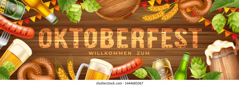 Bright and attractive Oktoberfest festive banner with different objects related with beer festival. Wooden table surface on background. Vector illustration.