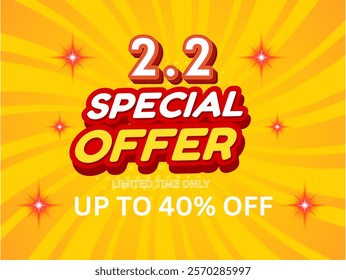 Bright and attractive promotional design with a vibrant yellow background announcing a special 2.2 sale offering discounts up to 40%. Ideal for advertisements, marketing campaigns, and sale event prom