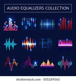 Helles Audio-Equalizer-Neopel mit Schallwellen-Symbolen auf blauem Hintergrund, einzelne Vektorgrafik 