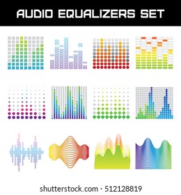Bright audio equalizer set with sound waves symbols flat isolated vector illustration 