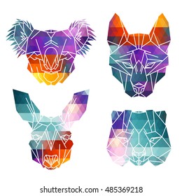 Bright australian animal icons, vector icon set. Abstract triangular style