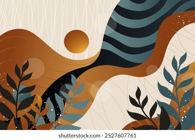 Bright autumn abstract composition with plants, wavy mountains and the sun on a light background, reflecting the harmony of nature. Fall wallpaper. Vector illustration.