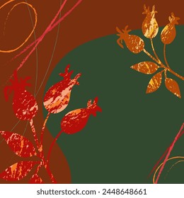 Bright autumn background with abstract textured stylized branches of berries and colored spots.