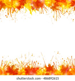 Bright autumn background with seamless borders made of vivid paint splashes and maple leaves. Vector illustration.