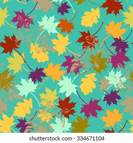 Bright autumn background with vary colored maple and oak leaves. Seamless pattern. Art vector.