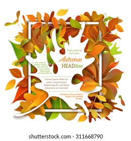 Bright autumn background. Vector backdrop. Fall template. There is place for your text on white area. 