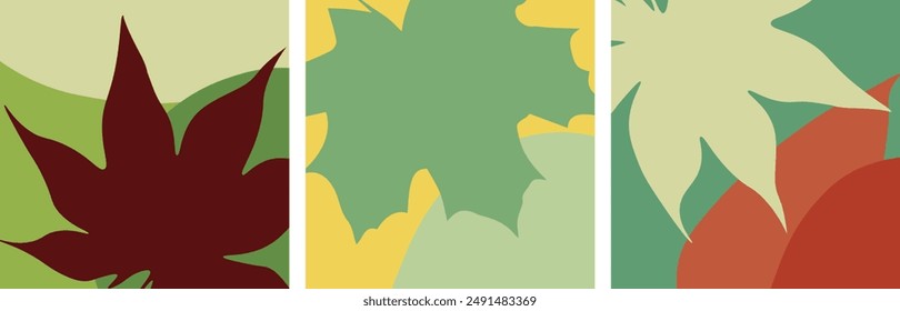 Bright autumn backgrounds with abstract leaves. Creative minimalist design templates for cards, social media, holidays, advertising, branding, banners, covers, labels, posters and sales.