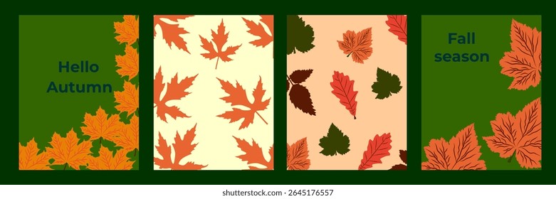 Bright autumn. Autumn backgrounds design. A set of seasonal posters and postcard templates featuring leaves. Autumn postcards. Vector illustrations.
