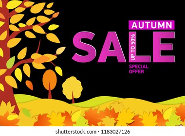 Bright autumn banners on black background. With text - Autumn Sale up to 50%. Vector illustrations for flyers, leaflet, web.