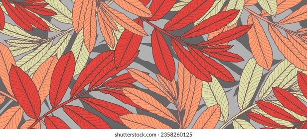 Bright autumn botanical background with branches and leaves. Abstract background for decor, wallpapers, covers, postcards and presentations. Background for posts in social networks.