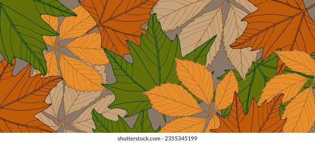 Bright autumn botanical background with different leaves. Background for decor, wallpapers, covers, postcards and presentations.