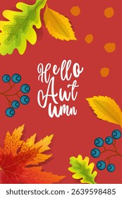 Bright autumn card featuring colorful leaves and berries on a red background. Perfect for seasonal greetings, invitations, and festive fall design projects. Vector