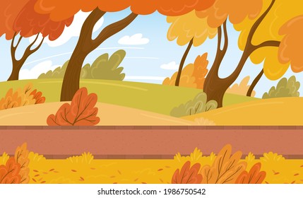 A bright autumn city park with a walking path among trees and bushes. Vector background with fallen leaves