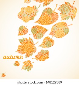 Bright autumn concept background with leaves and hearts. You can place your text in the empty place. It can be used for decorating of invitations, greeting cards, decoration for bags and clothes.