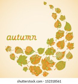 Bright autumn concept background with leaves, flowers and hearts. You can place your text in the empty place. It can be used for decorating of invitations, cards, decoration for bags and clothes.