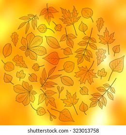 Bright  autumn design: circle made of leaves black outlines on blurred orange and yellow background. Various trees leaves: linden, ash, oak, maple, chestnut, birch, elm, willow, aspen, rowan. 