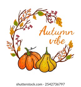 Bright autumn design with hand drawn yellow and orange pumpkins, branches, leaves and lettering on white background. Autumn vibe handwritten inscription. 