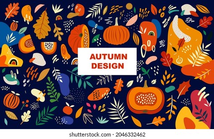 Bright autumn design with pumpkins, leaves and abstract shapes. 