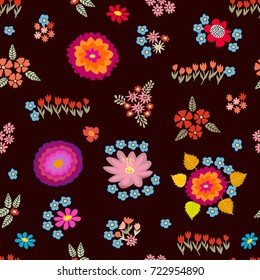 Bright autumn flowers. Seamless vector pattern with different floral elements. Chrysanthemums, asters and wildflowers on brown background. Japanese, Chinese, Korean motifs. Vintage textile collection.