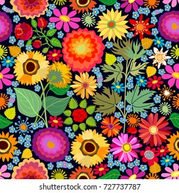 Bright autumn flowers. Seamless vector pattern with asters, chrysanthemums, gerbera and sunflowers on black background. Folk art style textile collection.