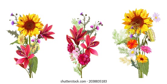 Bright autumn flowers  set bouquets: lily  sunflower  aster  thistle  gerbera  daisy  small green twigs white background  Digital draw  illustration in watercolor style for fall holidays  vector