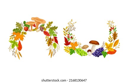 Bright Autumn Foliage with Berry and Mushroom Vector Composition Set