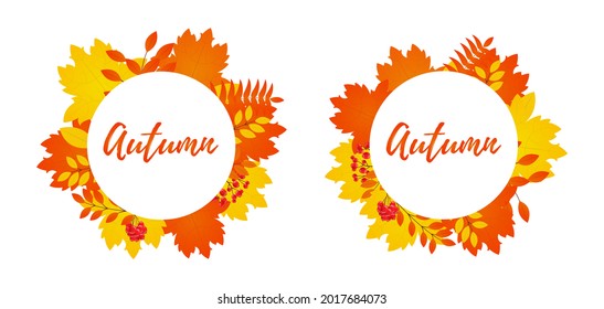 Helles Herbst-Blattwerk in einem Kreisrahmen auf weißem Hintergrund