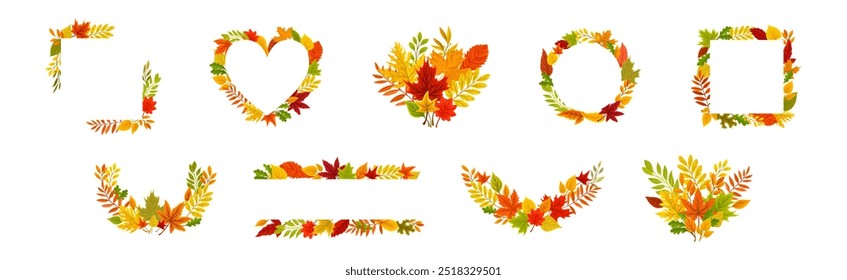 Bright Autumn Foliage and Leaf Decorative Border Vector Set