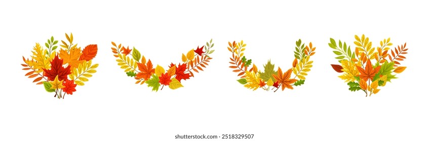 Bright Autumn Foliage and Leaf Decorative Border Vector Set
