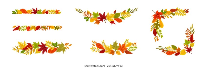 Bright Autumn Foliage and Leaf Decorative Border Vector Set