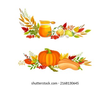 Bright Autumn Foliage with Pumpkin and Honey in Jar Vector Composition Set
