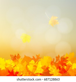 Bright autumn greeting card, invitation with colorful falling oak, elm and maple leaves. Modern blurred background with bokeh lights. Vector illustration.