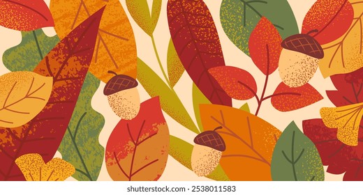 Bright autumn horizontal poster. Multicolored grunge and noise textured branches and acorns. Contemporary flat design. For wallpaper, background, cover, label, advertising.