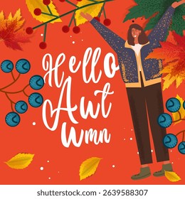 Bright autumn illustration featuring a woman, colorful leaves, and berries on a warm orange background. Perfect for seasonal projects, fall celebrations, and cozy autumn designs. Vector