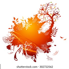 Bright autumn illustration. Leaves and trees silhouettes. There is place for your text.