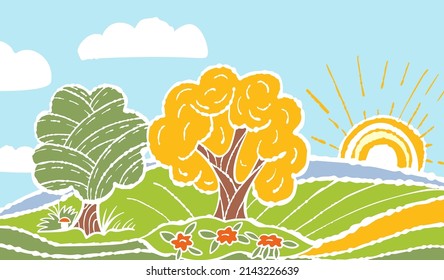 Bright autumn landscape in cartoon style. Vector illustration.