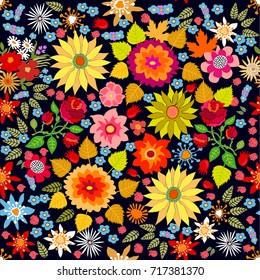 Bright autumn lawn. Seamless vector pattern with asters, chrysanthemums, wildflowers and yellow leaves on black background. Folk art textile collection.