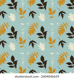 Bright autumn leaf pattern, stamp leaves, harvest festival, autumn vibe, sad mood. Packaging, textile, wrapping, wallpaper, background.