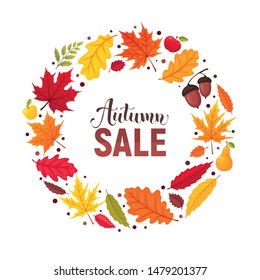 Bright autumn leaves circle composition isolated on white background. Autumn sale banner vector illustration.