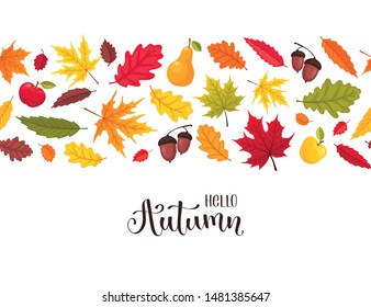 Bright autumn leaves composition isolated on white background. Hello Autumn banner vector illustration.