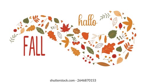 Bright autumn leaves in a gust of wind and an inscription. Autumn illustration. Autumn lettering. Different leaves. Vector illustration.