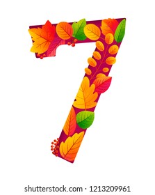 Bright autumn leaves in number seven shape, vector symbol isolated on white background